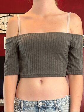 Gray Ribbed Off-Shoulder Crop Top